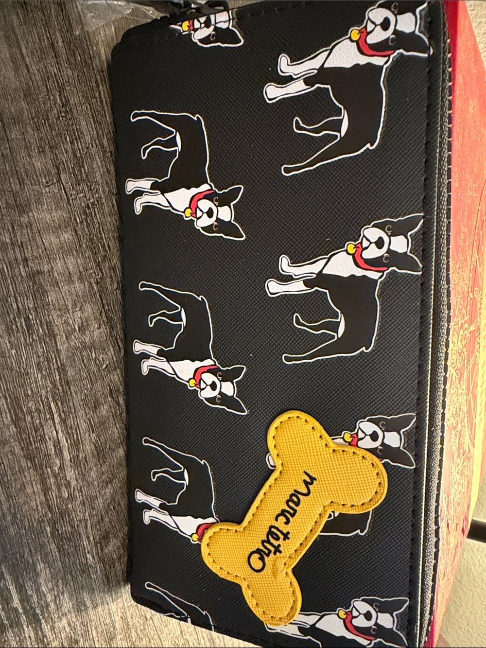 Marc Tetro French bulldog Print Zip Wallet with Yellow Bone Accent - NWT
